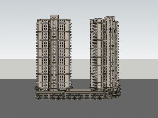 Sketchup住宅模型|高层住宅，裙楼底商，古典风格，27层