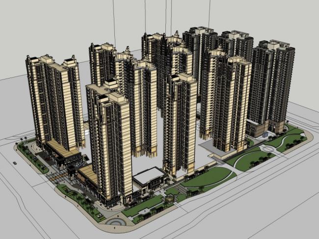 Sketchup住宅模型|高层住宅小区，古典风格，32层