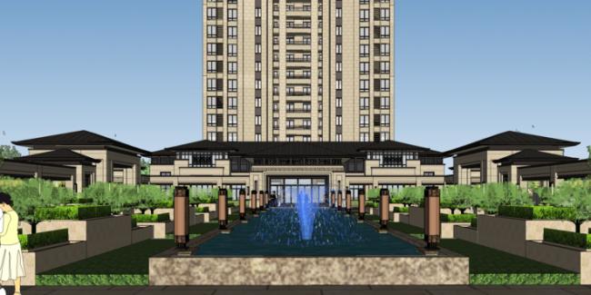 Sketchup商业模型|售楼处，会所，新古典风格，底商，景观园林