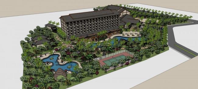 Sketchup酒店模型|多层度假酒店，东南亚风格