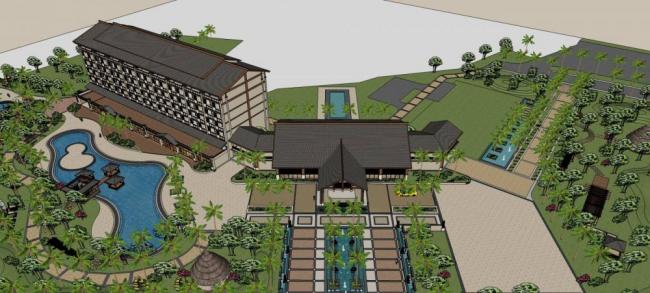 Sketchup酒店模型|多层度假酒店，东南亚风格