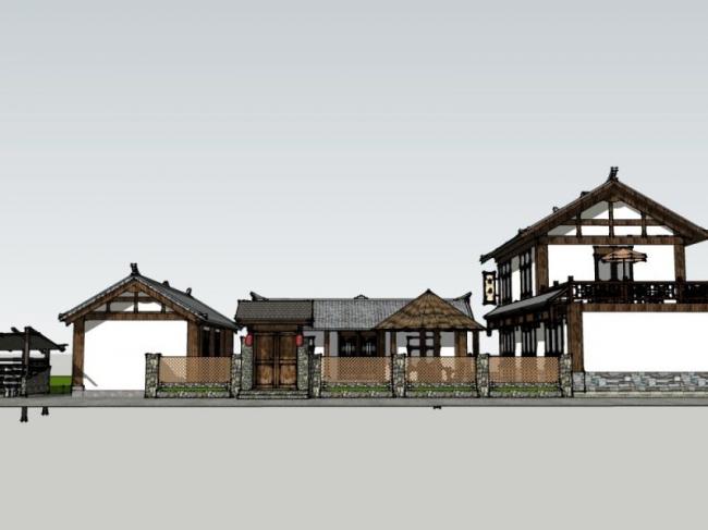 Sketchup酒店模型|多层民宿，中式风格，酒店建筑