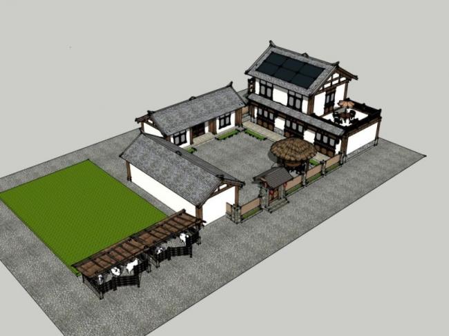 Sketchup酒店模型|多层民宿，中式风格，酒店建筑