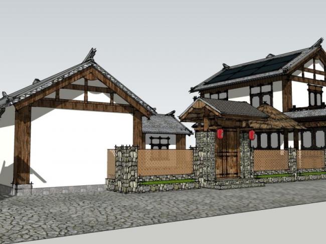 Sketchup酒店模型|多层民宿，中式风格，酒店建筑