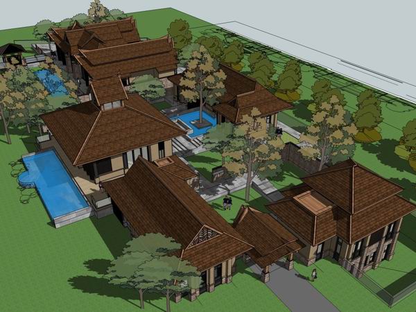 Sketchup酒店模型|酒店别墅院落，古典风格