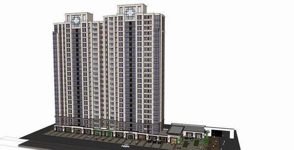 Sketchup住宅模型|高层住宅，底层商铺，现代风格，23层