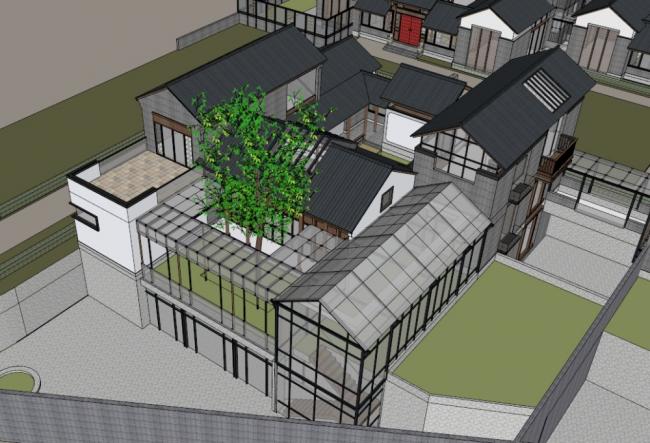 Sketchup住宅模型|多层徽派现代四合院，住宅，中式风格