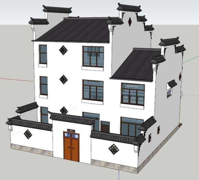 Sketchup住宅模型|多层徽派民居，住宅，中式风格