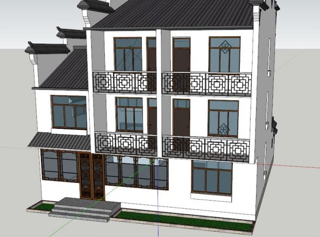 Sketchup住宅模型|多层徽派民居，住宅，中式风格