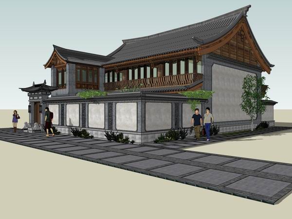 Sketchup住宅模型|多层四开间院墙，中式风格