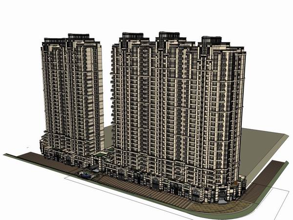 Sketchup住宅模型|超高层住宅，底层商业，古典风格