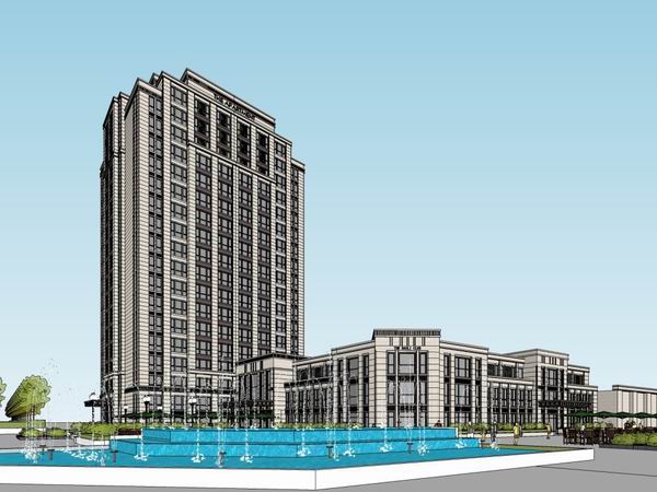 Sketchup商业模型|高层公寓，底层商业，古典风格
