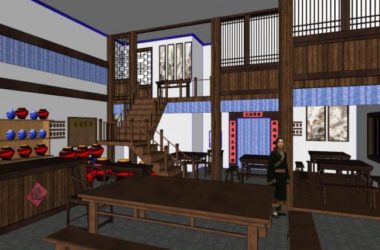 Sketchup商业模型|多层客栈酒店，中式风格-BIM建筑网