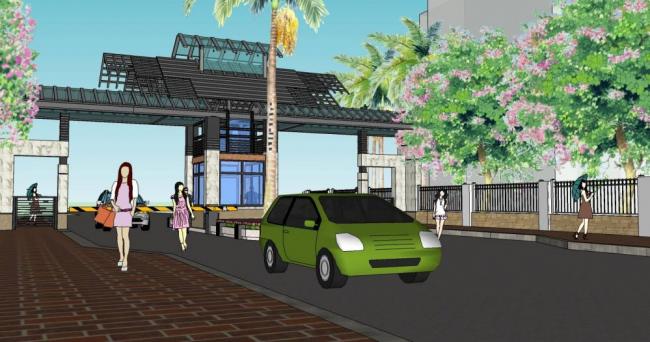 Sketchup景观模型|入口景观，保安亭，单层，中式风格