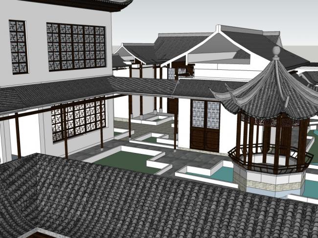 Sketchup古建筑模型|多层四合院，中式风格，古建灰瓦白墙