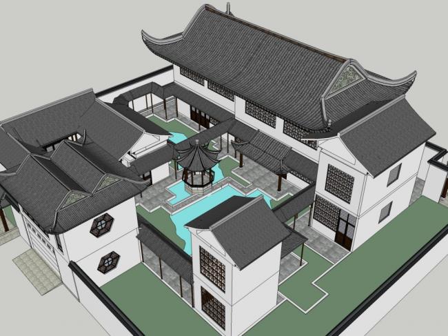 Sketchup古建筑模型|多层四合院，中式风格，古建