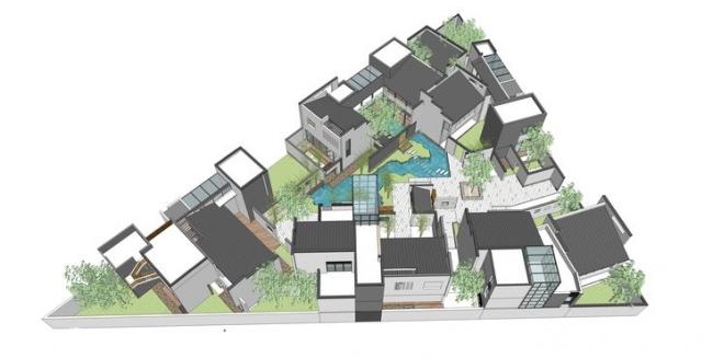 Sketchup别墅模型|别墅群，住宅，中式风格，院落，景观，水景