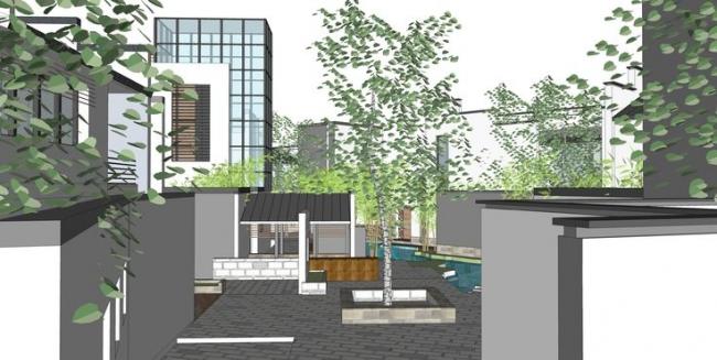 Sketchup别墅模型|别墅群，住宅，中式风格，院落，景观，水景