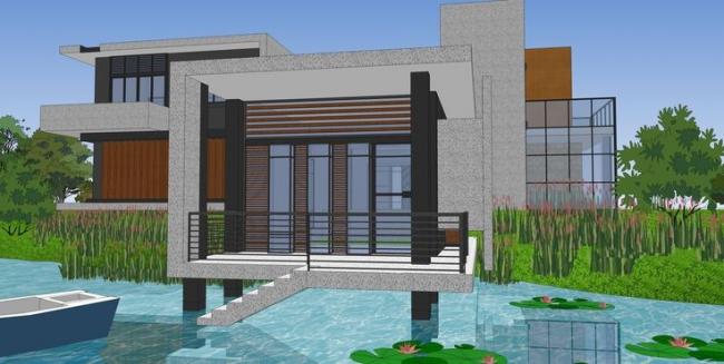 Sketchup别墅模型|住宅设计，山地别墅，现代风格，景观设计，水景