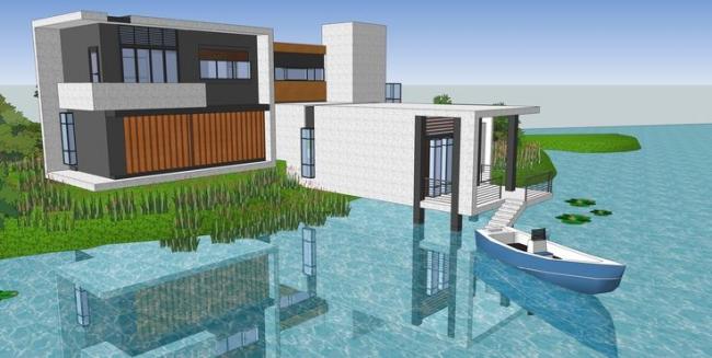 Sketchup别墅模型|住宅设计，山地别墅，现代风格，景观设计，水景