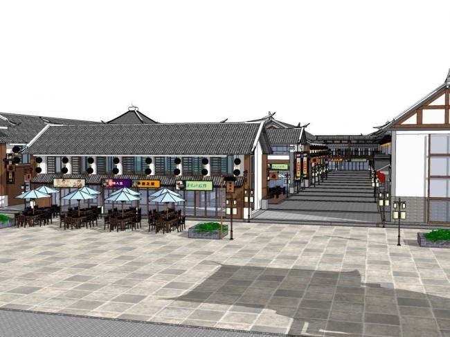 Sketchup商业模型|商业街，新中式风格