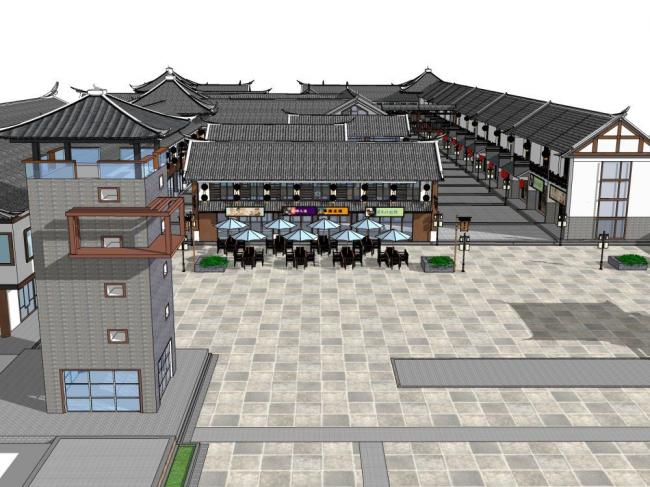 Sketchup商业模型|商业街，新中式风格