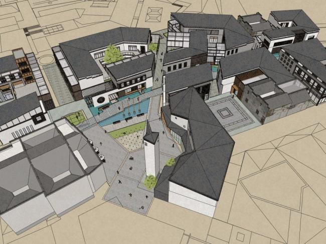 Sketchup商业模型|商业街，新中式风格