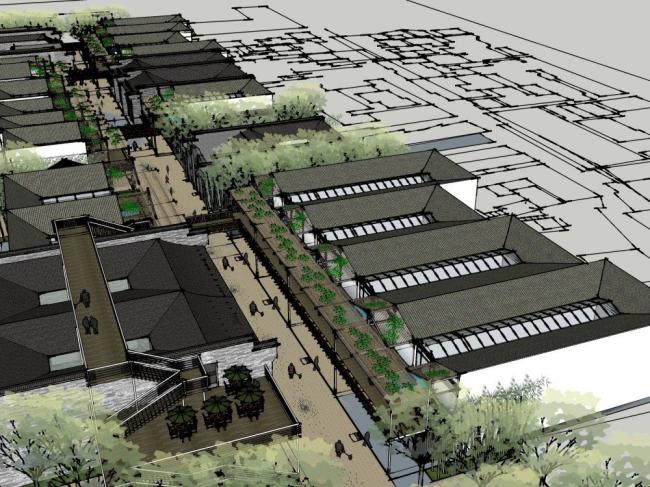 Sketchup商业模型|商业街，新中式风格