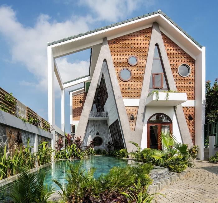 BIM建筑|纵向贯通的“A”字斜柱结构，越南会安康成别墅 / VRA Design