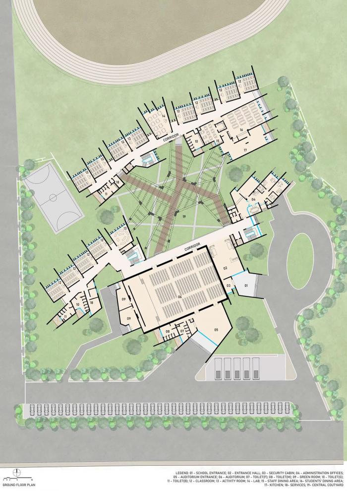 BIM建筑|来自火红色的热烈暴击：角形网格梁架遮荫下的校园 / Sanjay Puri