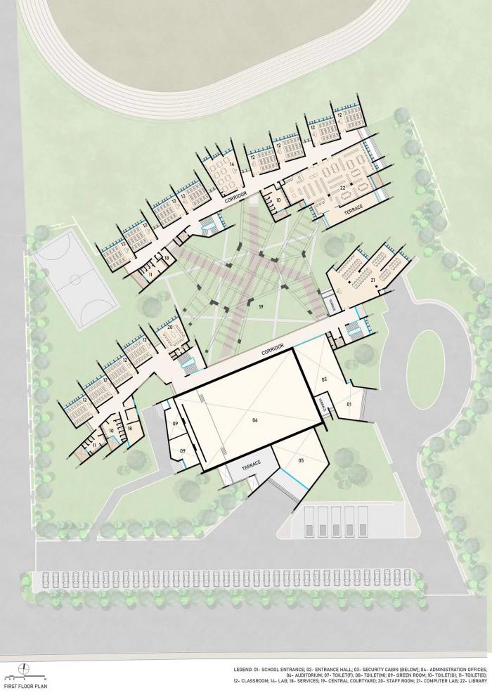 BIM建筑|来自火红色的热烈暴击：角形网格梁架遮荫下的校园 / Sanjay Puri