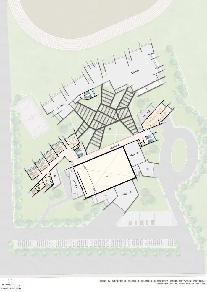 BIM建筑|来自火红色的热烈暴击：角形网格梁架遮荫下的校园 / Sanjay Puri