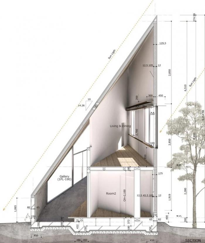BIM建筑|陡坡屋顶和对角线展墙的三维构图：日本8.5住宅 / DOG