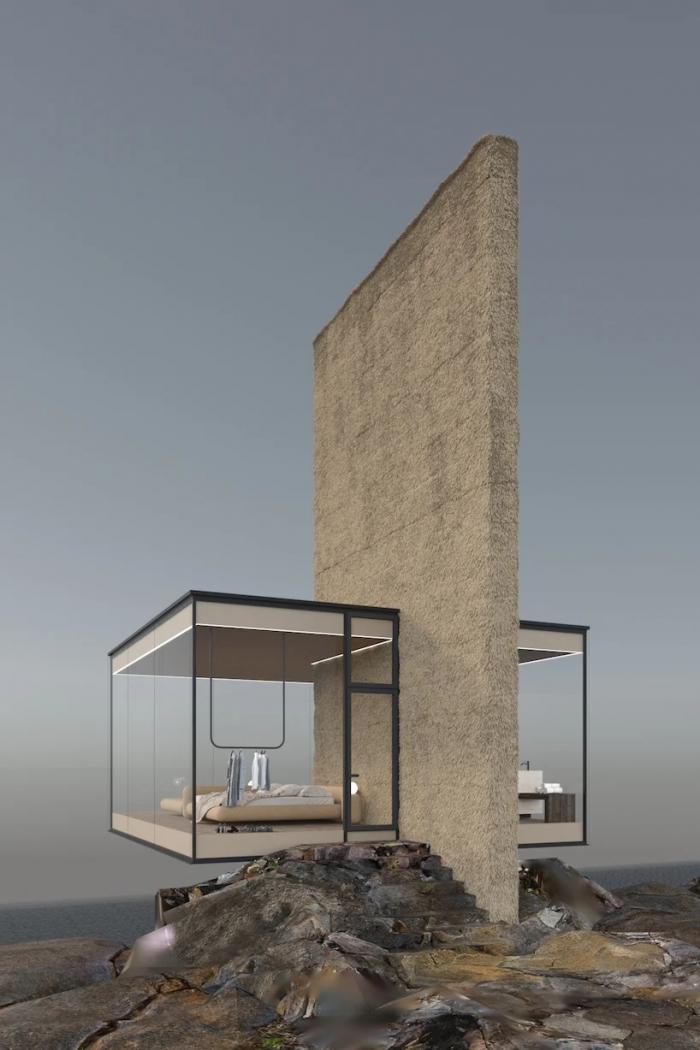 BIM建筑|矗立于悬崖绝壁上的极简玻璃小屋 / Yakusha Design