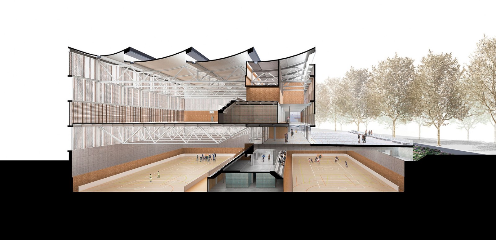 BIM建筑|红砖石外墙的半地下体育场 | CAMP DEL FERRO 体育中心