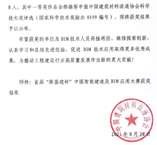 BIM新闻|关于公布首届“新基建杯”中国智能建造及BIM应用大赛获奖结果的通知