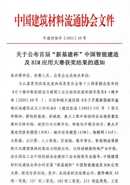 BIM新闻|关于公布首届“新基建杯”中国智能建造及BIM应用大赛获奖结果的通知