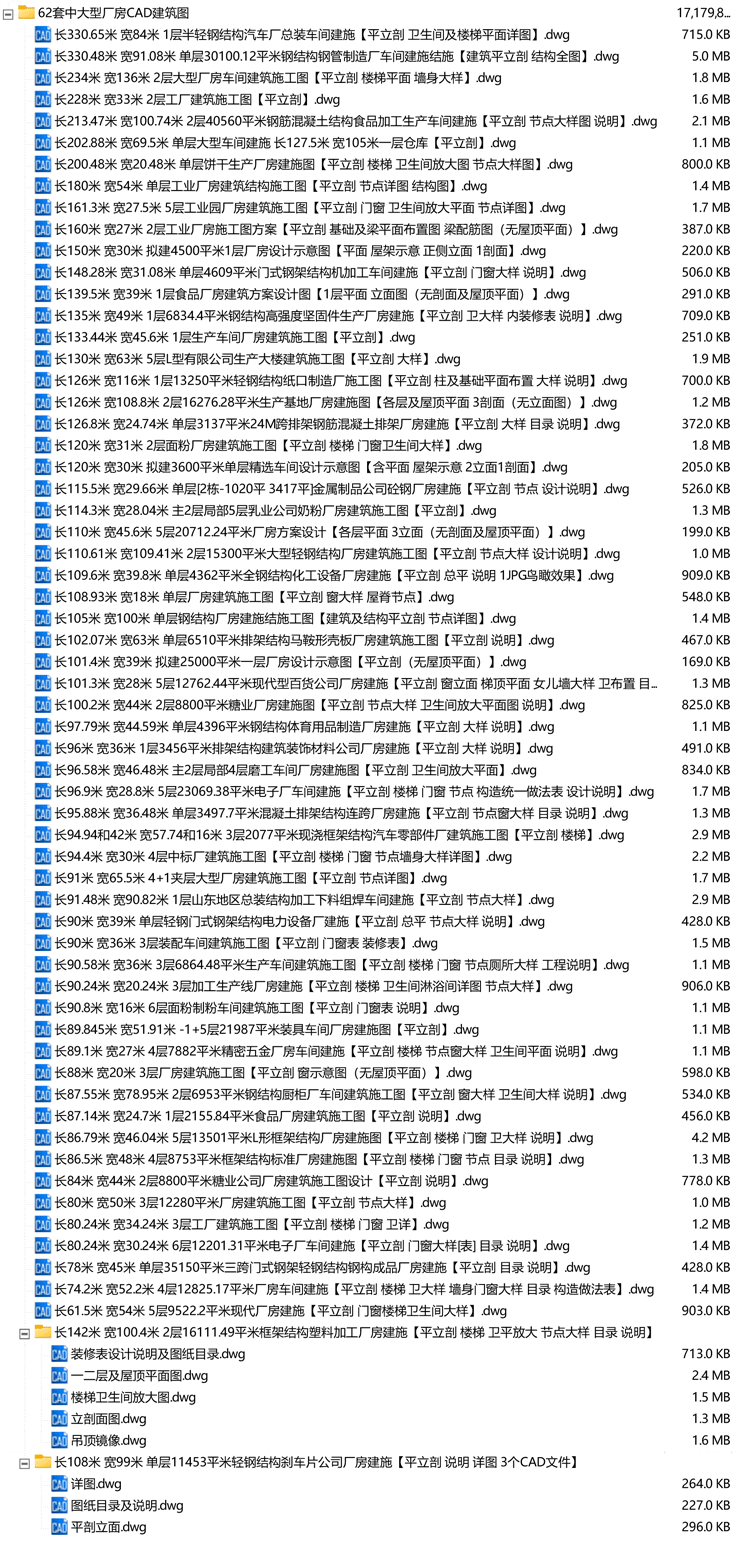 62套工业项目大中型厂房CAD建筑结构施工图DWG图纸