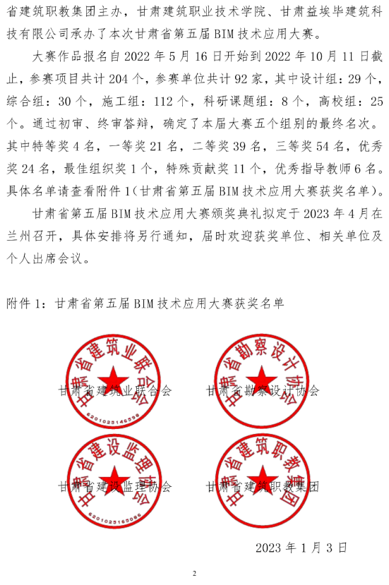 BIM新闻|关于公布甘肃省第五届BIM技术应用大赛获奖名单的通知