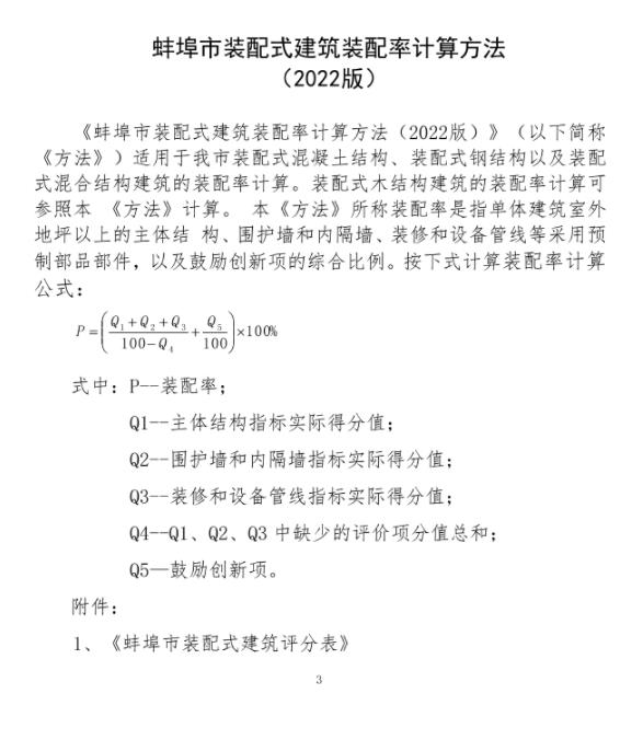 装配式政策|安徽│《蚌埠市装配式建筑装配率计算方法（2022版）》印发