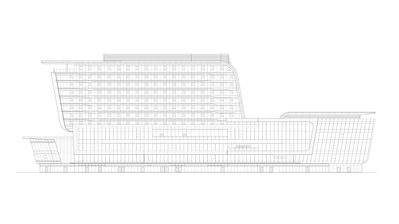 BIM建筑|上海新虹桥灿辉希尔顿五星级酒店：一幅展现流线与速度感的立面画卷 / 三益建筑