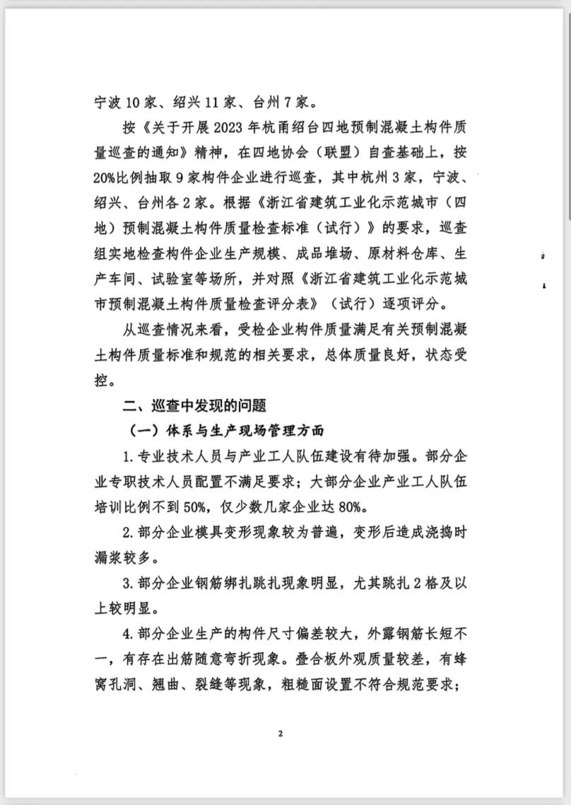 装配式政策|关于2023年杭州宁波绍兴台州四地预制混凝土构件企业质量巡查情况的通报