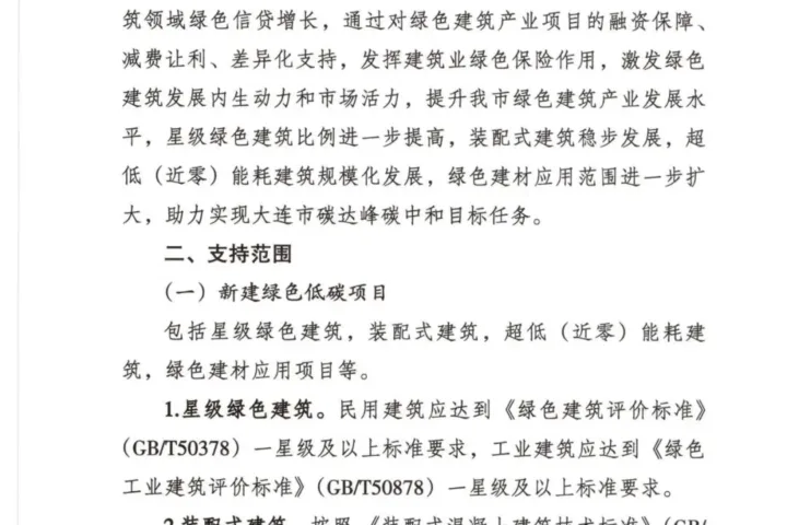 装配式政策|大连市住建局等4部门印发《关于开展绿色金融支持绿色建筑产业协同发展工作的通知（试行）》