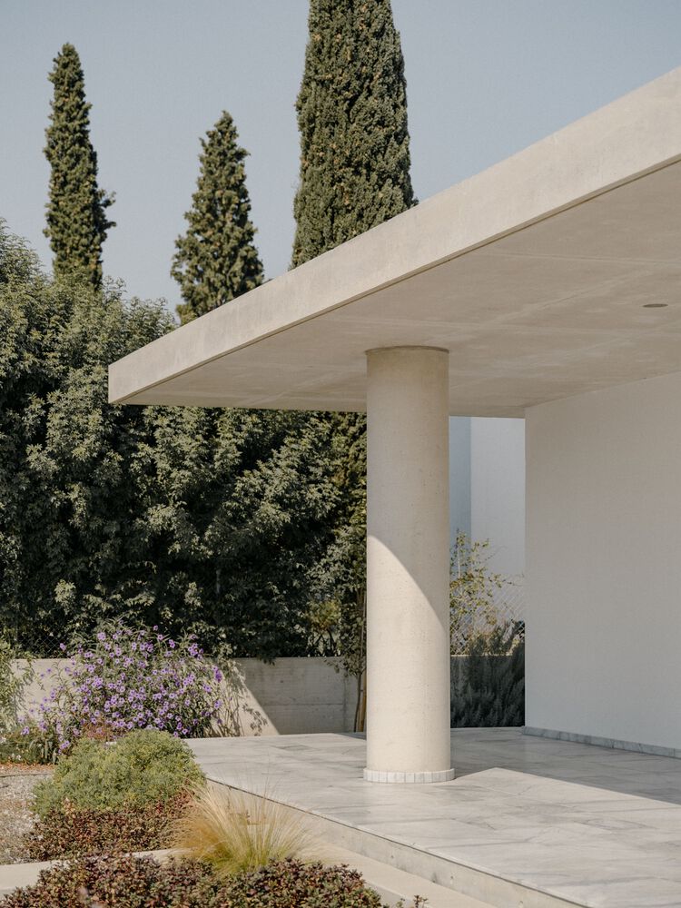 雕塑般裸露混凝土贯穿整个狭长矩形的平房设计